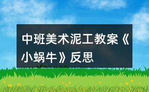 中班美術(shù)泥工教案《小蝸?！贩此?></p>										
													<h3>1、中班美術(shù)泥工教案《小蝸?！贩此?/h3><p><strong>【活動(dòng)目標(biāo)】</strong></p><p>　　1、學(xué)習(xí)運(yùn)用捏、團(tuán)、搓、卷等技能用橡皮泥做蝸牛。</p><p>　　2、感受泥工活動(dòng)的樂趣。</p><p>　　3、激發(fā)孩子喜歡小動(dòng)物、愛護(hù)小動(dòng)物的情感。</p><p>　　4、引導(dǎo)幼兒能用輔助材料豐富作品，培養(yǎng)他們大膽創(chuàng)新能力。</p><p>　　5、培養(yǎng)幼兒養(yǎng)成有序擺放工具、材料的習(xí)慣。</p><p><strong>【活動(dòng)準(zhǔn)備】</strong></p><p>　　橡皮泥、火柴若干;課件;背景音樂;背景桌面。</p><p><strong>【活動(dòng)過程】</strong></p><p>　　1、看課件，引起幼兒興趣</p><p>　　——先出示泥工蝸牛的身體，