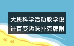 大班科學活動教學設(shè)計百變?nèi)の稉淇伺疲ǜ椒此迹?></p>										
													<h3>1、大班科學活動教學設(shè)計百變?nèi)の稉淇伺疲ǜ椒此迹?/h3><p>　　活動目標：</p><p>　　1、能有創(chuàng)意地用拼、搭、插的方法設(shè)計出各種造型。</p><p>　　2、在操作時體現(xiàn)耐心、合作、細致精神。</p><p>　　3、能夠用簡單的語言介紹自己的作品。</p><p>　　4、發(fā)展合作探究與用符號記錄實驗結(jié)果的能力。</p><p>　　5、能大膽進行實踐活動，并用完整的語言表達自己的意見。</p><p>　　重難點：能有創(chuàng)意地用拼、搭、插的方法設(shè)計出各種造型。</p><p>　　活動準備：撲克牌每人一副、剪刀等。撲克牌造型圖片。</p><p>　　活動過程：</p><p>　　第一課時：</p><p>　　一、了解撲克牌</p><p>　　1、今天我們帶來了什么?(牌)他們是怎么樣的</p><p>　　2、現(xiàn)在我們要來玩一玩牌，你會怎么玩?</p><p>　　二、嘗試拼搭</p><p>　　1、今天我們要換一種方法玩撲克牌，把撲克牌拼一拼、搭一搭做出許多有趣的造型(比如飛機、火車等等)，你會嗎?我們一起試一試吧。</p><p>　　2、交流嘗試的體驗：我拼了什么?我搭了什么?</p><p>　　第二課時</p><p>　　一、方法啟發(fā)</p><p>　　1、教師展示撲克牌造型的圖片，上次我們一起玩了撲克牌，還拼搭出了許多有趣的圖案，今天老師也帶來了一些圖片，看看它像什么?它是怎么做出來的?</p><p>　　2、教師演示操作的方法。</p><p>　　3、請“高手”幼兒上來表演精彩的撲克拼搭技藝。</p><p>　　二、幼兒創(chuàng)意</p><p>　　1、嘗試老師提示的方法或者用更多的方法拼搭出撲克牌造型。</p><p>　　2、交流展</p><p>　　3、小組合作再次操作。</p><p>　　延伸：課后孩子們自由活動的時間讓孩子們自主玩拼搭。</p><p>　　活動反思：</p><p>　　本次活動的題材來自于早期教育美術(shù)版中提到的一個操作創(chuàng)意“百變?nèi)の稉淇伺啤?，它用插接的方法把撲克牌拼接成許多有趣的造型，我覺得比較有趣。于是我便添加上了活動目標，賦予活動流程，把該操作活動設(shè)計成一個藝術(shù)創(chuàng)意活動。之后在與鄧老師的交流中，她告訴我他們班的孩子有很多都很會玩撲克牌，建議我去了解一下孩子的玩法，后來我發(fā)現(xiàn)孩子們還會用一種折疊的方法拼搭撲克牌，于是我把早期教育上提到的插接法和小朋友的折疊法都吸收到該活動中，力求通過更多方法的啟發(fā)讓班內(nèi)的孩子們玩出更多的創(chuàng)意。于是我把活動第一目標定位能有創(chuàng)意地用拼、搭、插的方法設(shè)計出各種造型。在備課過程中，我發(fā)現(xiàn)一個作品的完成離不開耐心細致，一步一步的努力，這個活動不僅要鍛煉孩子的創(chuàng)意更需要提升這種創(chuàng)意背后的精神即耐心、合作、細致、踏實……于是我把在操作時體現(xiàn)耐心、合作、細致精神作為第二目標。接下來是我對本次執(zhí)教之后的一點反思：</p><p>　　1、活動內(nèi)容過于滿、多，把本次活動定位兩課時較為合適。本次活動的重點是在后面兩個環(huán)節(jié)，第一、二部分如果作為課前準備，或者干脆作為第一課時去完成，這樣后面兩個環(huán)節(jié)能更有效的去達到活動制定的目標。</p><p>　　2、在細節(jié)處理上還必須花功夫。比如我在示范的時候，我發(fā)現(xiàn)讓孩子看著我做完一個作品比較費時，畢竟一個活動更多的實踐留給孩子才是最重要的，所以聽課老師建議我在教育準備的時候做完一個成品，這樣可以示范完基本步驟后，直接出示成品，既清楚又明了。</p><p>　　3、用不同的方式拼搭出不同的撲克牌造型，玩的就是一種創(chuàng)意的精神，每次在教導孩子的時候，我自己也在不斷地自我學習、向孩子學習。我們說創(chuàng)意學不來，但是創(chuàng)意的精神是可以學習的，創(chuàng)意的能力是可以練習的，比如撲克牌這個東西，我相信還可以執(zhí)教一堂數(shù)學活動，比如10以內(nèi)加減、組成等，還可以設(shè)計成一個藝術(shù)活動，比如欣賞各式各樣的撲克牌造型，設(shè)計撲克牌造型等，甚至是音樂活動用撲克牌打節(jié)奏……換一種方法，換一個角度，創(chuàng)意之花無處不在。</p><h3>2、大班教案《百變?nèi)の稉淇伺啤泛此?/h3><p><strong>活動目標：</strong></p><p>　　1、能有創(chuàng)意地用拼、搭、插的方法設(shè)計出各種造型。</p><p>　　2、在操作時體現(xiàn)耐心、合作、細致精神。</p><p>　　3、能夠用簡單的語言介紹自己的作品。</p><p>　　4、發(fā)展幼兒的觀察力、想象力。</p><p>　　5、能大膽進行實踐活動，并用完整的語言表達自己的意見。</p><p><strong>重難點：</strong></p><p>　　能有創(chuàng)意地用拼、搭、插的方法設(shè)計出各種造型。</p><p><strong>活動準備：</strong></p><p>　　撲克牌每人一副、剪刀等。撲克牌造型圖片。</p><p><strong>活動過程：</strong></p><p>　　第一課時：</p><p>　　一、了解撲克牌</p><p>　　1、今天我們帶來了什么?(牌)他們是怎么樣的</p><p>　　2、現(xiàn)在我們要來玩一玩牌，你會怎么玩?</p><p>　　二、嘗試拼搭</p><p>　　1、今天我們要換一種方法玩撲克牌，把撲克牌拼一拼、搭一搭做出許多有趣的造型(比如飛機、火車等等)，你會嗎?我們一起試一試吧。</p><p>　　2、交流嘗試的體驗：我拼了什么?我搭了什么?</p><p>　　第二課時</p><p>　　一、方法啟發(fā)</p><p>　　1、教師展示撲克牌造型的圖片，上次我們一起玩了撲克牌，還拼搭出了許多有趣的圖案，今天老師也帶來了一些圖片，看看它像什么?它是怎么做出來的?</p><p>　　2、教師演示操作的方法。</p><p>　　3、請“高手”幼兒上來表演精彩的撲克拼搭技藝。</p><p>　　二、幼兒創(chuàng)意</p><p>　　1、嘗試老師提示的方法或者用更多的方法拼搭出撲克牌造型。</p><p>　　2、交流展</p><p>　　3、小組合作再次操作。</p><p>　　延伸：課后孩子們自由活動的時間讓孩子們自主玩拼搭。</p><p><strong>活動反思：</strong></p><p>　　本次活動的題材來自于早期教育美術(shù)版中提到的一個操作創(chuàng)意“百變?nèi)の稉淇伺啤?，它用插接的方法把撲克牌拼接成許多有趣的造型，我覺得比較有趣。于是我便添加上了活動目標，賦予活動流程，把該操作活動設(shè)計成一個藝術(shù)創(chuàng)意活動。之后在與鄧老師的交流中，她告訴我他們班的孩子有很多都很會玩撲克牌，建議我去了解一下孩子的玩法，后來我發(fā)現(xiàn)孩子們還會用一種折疊的方法拼搭撲克牌，于是我把早期教育上提到的插接法和小朋友的折疊法都吸收到該活動中，力求通過更多方法的啟發(fā)讓班內(nèi)的孩子們玩出更多的創(chuàng)意。于是我把活動第一目標定位能有創(chuàng)意地用拼、搭、插的方法設(shè)計出各種造型。在備課過程中，我發(fā)現(xiàn)一個作品的完成離不開耐心細致，一步一步的努力，這個活動不僅要鍛煉孩子的創(chuàng)意更需要提升這種創(chuàng)意背后的精神即耐心、合作、細致、踏實……于是我把在操作時體現(xiàn)耐心、合作、細致精神作為第二目標。接下來是我對本次執(zhí)教之后的一點反思：</p><p>　　1、活動內(nèi)容過于滿、多，把本次活動定位兩課時較為合適。本次活動的重點是在后面兩個環(huán)節(jié)，第一、二部分如果作為課前準備，或者干脆作為第一課時去完成，這樣后面兩個環(huán)節(jié)能更有效的去達到活動制定的目標。</p><p>　　2、在細節(jié)處理上還必須花功夫。比如我在示范的時候，我發(fā)現(xiàn)讓孩子看著我做完一個作品比較費時，畢竟一個活動更多的實踐留給孩子才是最重要的，所以聽課老師建議我在教育準備的時候做完一個成品，這樣可以示范完基本步驟后，直接出示成品，既清楚又明了。</p><p>　　3、用不同的方式拼搭出不同的撲克牌造型，玩的就是一種創(chuàng)意的精神，每次在教導孩子的時候，我自己也在不斷地自我學習、向孩子學習。我們說創(chuàng)意學不來，但是創(chuàng)意的精神是可以學習的，創(chuàng)意的能力是可以練習的，比如撲克牌這個東西，我相信還可以執(zhí)教一堂數(shù)學活動，比如10以內(nèi)加減、組成等，還可以設(shè)計成一個藝術(shù)活動，比如欣賞各式各樣的撲克牌造型，設(shè)計撲克牌造型等，甚至是音樂活動用撲克牌打節(jié)奏……換一種方法，換一個角度，創(chuàng)意之花無處不在。</p><h3>3、大班游戲玩法(9個)含反思</h3><p><strong>幼兒園大班游戲教案：</strong></p><p>　　天鵝</p><p><strong>游戲名稱：投彩球（大班）</strong></p><p>　　目的：復習反義詞，豐富幼兒詞匯，發(fā)展幼兒的反應(yīng)能力。</p><p>　　準備;彩球1個玩法：拋球者說出一詞，如：大(黑、美麗、光滑)接球者必須說出對應(yīng)的反義詞，如小(白、丑陋、粗糙)。游戲反復進行。</p><p><strong>游戲名稱：悄悄話（大班）</strong></p><p>　　目的：激發(fā)幼兒積極參與活動的興趣。</p><p>　　玩法：按幼兒座次將其分成四組，教師悄悄地告訴每組排頭幼兒一句話，然后自排頭開始往下傳話，傳到最后一名幼兒時，最后一名幼兒站起大聲說出聽到的話，以傳得又對又快的組為勝。</p><p><strong>游戲名稱：猜謎（大班）</strong></p><p>　　目的：培養(yǎng)幼兒的思維能力、口語表達能力。</p><p>　　玩法：教師說謎面請幼兒說出謎底。也可請一名幼兒說謎面，教師與其他幼兒進行猜謎。</p><p><strong>游戲名稱：超級模仿秀（大班）</strong></p><p>　　目的：培養(yǎng)幼兒模仿能力。</p><p>　　玩法：請3-5名幼兒到前面，側(cè)向全體幼兒，站成一排，面向第二名幼兒編一動作(如起床穿衣、照鏡子、梳頭等)然后第二名幼兒再向第三名幼兒模仿第一名幼兒所做的動作，依次模仿，最后一名幼兒模仿完動作后，說出做的是什么動作。</p><p><strong>游戲名稱：一槍打四個（大班）</strong></p><p>　　目的：練習手部動作的靈活性，培養(yǎng)幼兒的快速反應(yīng)能力。</p><p>　　玩法：教師說：