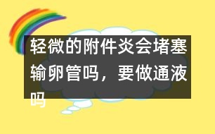 輕微的附件炎會(huì)堵塞輸卵管嗎，要做通液?jiǎn)?></p>										
													            <br>            <P>　　時(shí)間：2004年4月20日 15:54—16:21<BR>　　提問(wèn)：guest<BR>　　回答：郁凱明（上海第一婦嬰保健院產(chǎn)前診斷中心教授，圍產(chǎn)專家）</P><P>　　guest：我子宮后位，曾有過(guò)人流史，現(xiàn)在患有輕微的附件炎，請(qǐng)問(wèn)：有必要做通液?jiǎn)幔縖15:54:55]</P><P>　　郁凱明：現(xiàn)在有炎癥嗎？如果有炎癥則不能做。[15:58:56]</P><P>　　guest：那我現(xiàn)在應(yīng)該怎么做呢？[16:03:16]</P><P>　　郁凱明：應(yīng)該等炎癥控制后再做通液或輸卵管造影。[16:05:30]</P><P>　　guest：請(qǐng)問(wèn)：輕微的附件炎會(huì)引起輸卵管堵塞嗎？[16:09:11]</P><P>　　郁凱明：有這個(gè)可能，如果月經(jīng)正常，有不孕現(xiàn)象，可考慮檢查輸卵管是否通暢。[16:21:56]</P>            <br>            <br>            <font color=